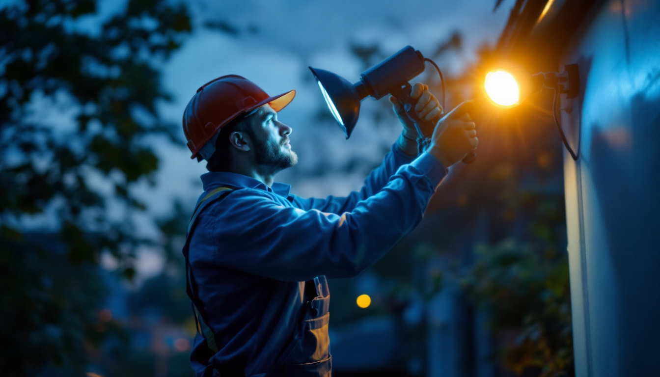 A photograph of a lighting contractor expertly installing or adjusting flood lights in an outdoor setting