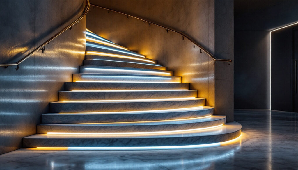A photograph of a beautifully designed staircase featuring integrated led lights