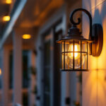A photograph of a beautifully designed porch light fixture illuminating an inviting front porch