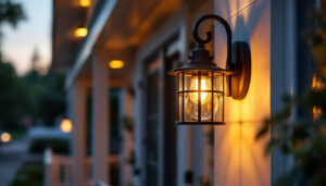 A photograph of a beautifully designed porch light fixture illuminating an inviting front porch