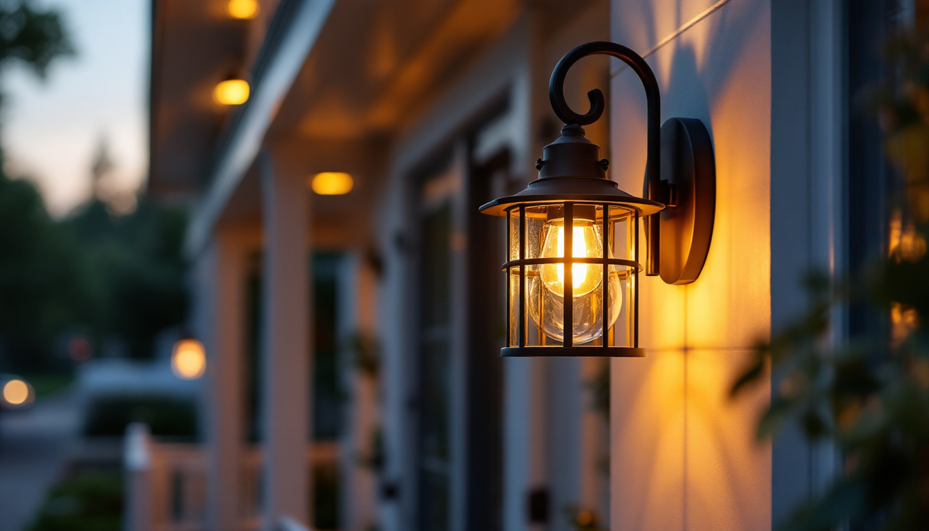 A photograph of a beautifully designed porch light fixture illuminating an inviting front porch