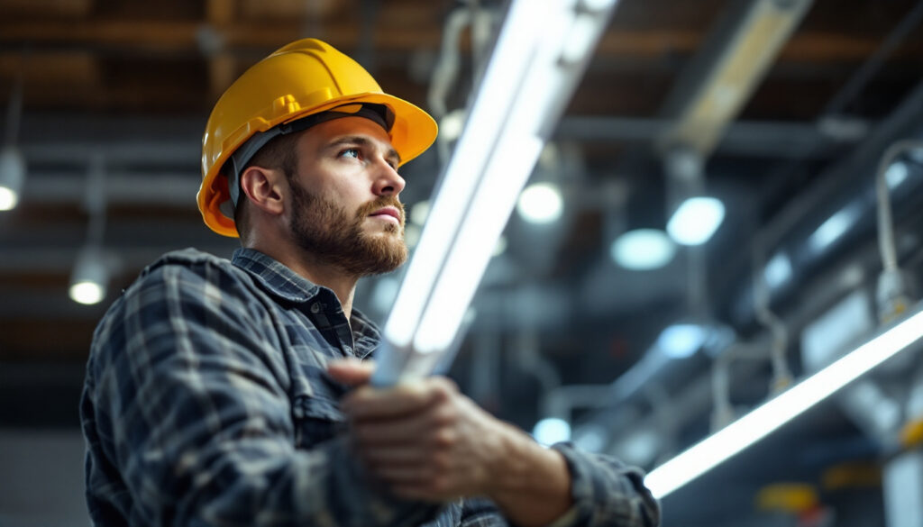A photograph of a lighting contractor expertly installing t8 bulbs in a commercial setting