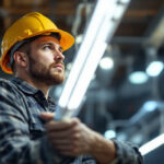 A photograph of a lighting contractor expertly installing t8 bulbs in a commercial setting