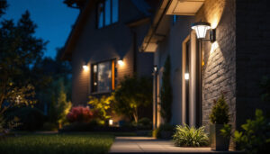 A photograph of a well-lit outdoor security lighting installation in a residential setting