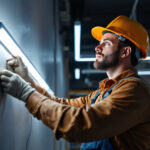 A photograph of a lighting contractor efficiently installing strip lights in a modern commercial space