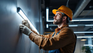 A photograph of a lighting contractor efficiently installing strip lights in a modern commercial space
