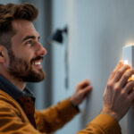 A photograph of a lighting contractor expertly installing a smart light switch in a modern home setting