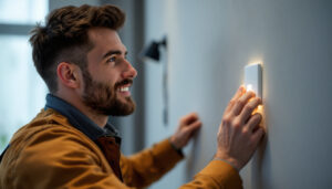 A photograph of a lighting contractor expertly installing a smart light switch in a modern home setting