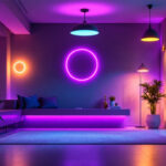 A photograph of a modern interior space illuminated by various stylish led lighting fixtures