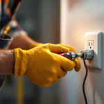 A photograph of a skilled lighting contractor installing a duplex outlet in a well-lit room