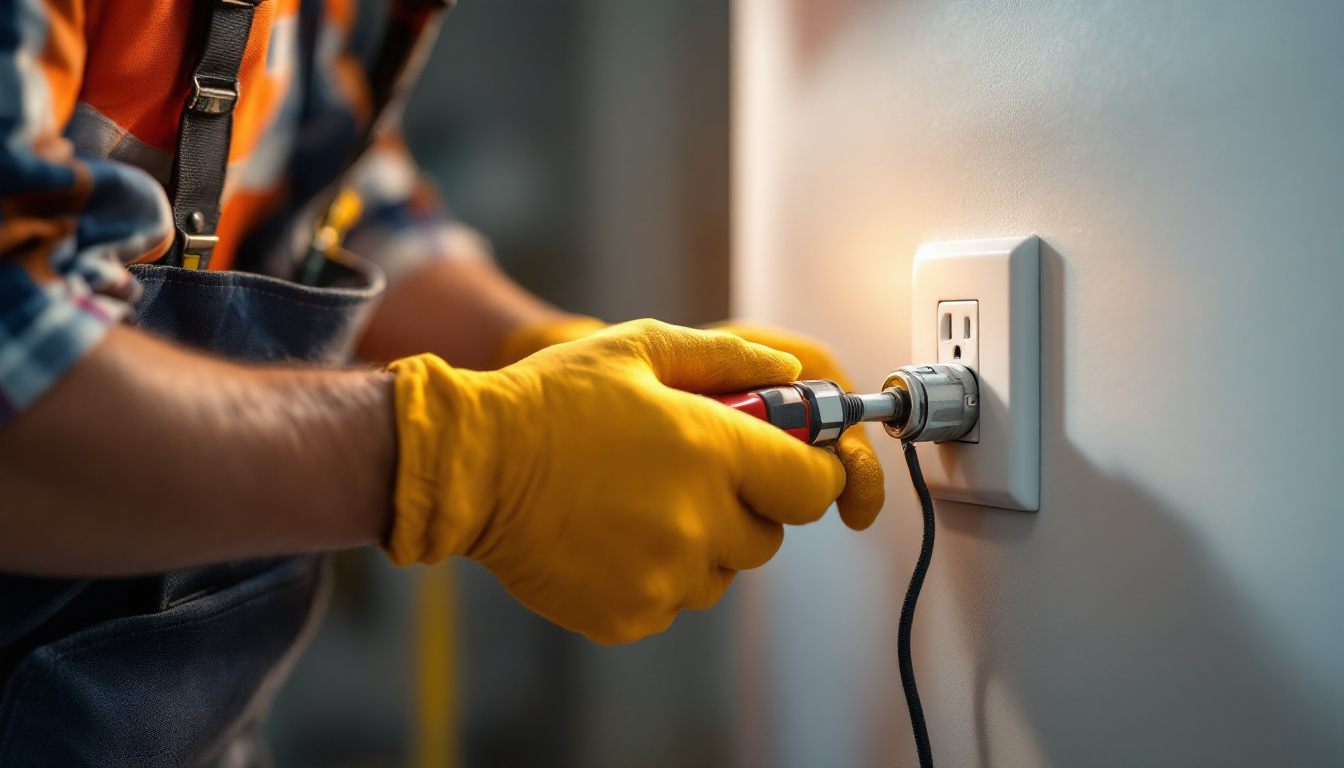 A photograph of a skilled lighting contractor installing a duplex outlet in a well-lit room