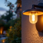 A photograph of a beautifully designed outdoor light fixture installed in a landscaped setting