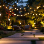 A photograph of a beautifully illuminated outdoor space featuring various solar lights in different styles and settings
