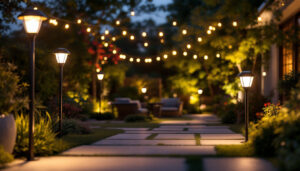 A photograph of a beautifully illuminated outdoor space featuring various solar lights in different styles and settings