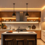 A photograph of a beautifully designed kitchen featuring modern recessed lighting