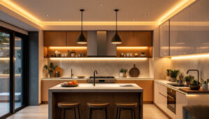 A photograph of a beautifully designed kitchen featuring modern recessed lighting