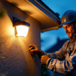 A photograph of a lighting contractor installing solar-powered security lights in a residential setting during dusk