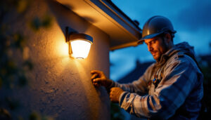 A photograph of a lighting contractor installing solar-powered security lights in a residential setting during dusk