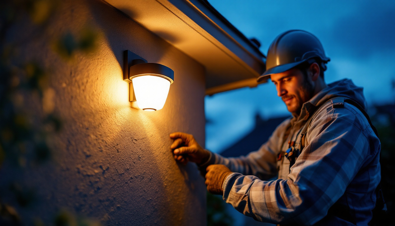 A photograph of a lighting contractor installing solar-powered security lights in a residential setting during dusk