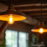 A photograph of a beautifully designed barn light fixture hanging in a rustic setting
