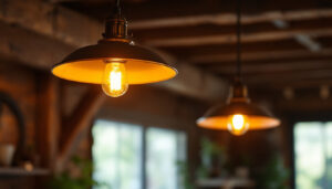 A photograph of a beautifully designed barn light fixture hanging in a rustic setting
