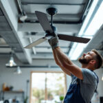 A photograph of a skilled lighting contractor installing a sleek industrial ceiling fan in a spacious