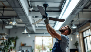 A photograph of a skilled lighting contractor installing a sleek industrial ceiling fan in a spacious