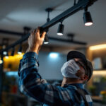 A photograph of a lighting contractor expertly installing sleek led track lighting in a modern interior space