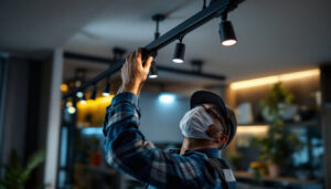 A photograph of a lighting contractor expertly installing sleek led track lighting in a modern interior space