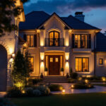 A photograph of a beautifully illuminated exterior of a house at dusk