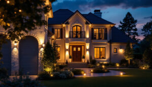 A photograph of a beautifully illuminated exterior of a house at dusk