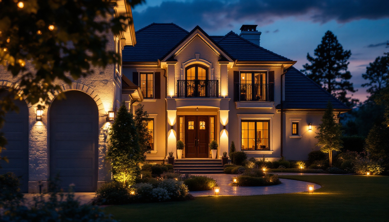 A photograph of a beautifully illuminated exterior of a house at dusk
