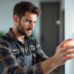 A photograph of a lighting contractor installing a motion sensor light switch in a modern home setting