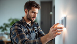 A photograph of a lighting contractor installing a motion sensor light switch in a modern home setting