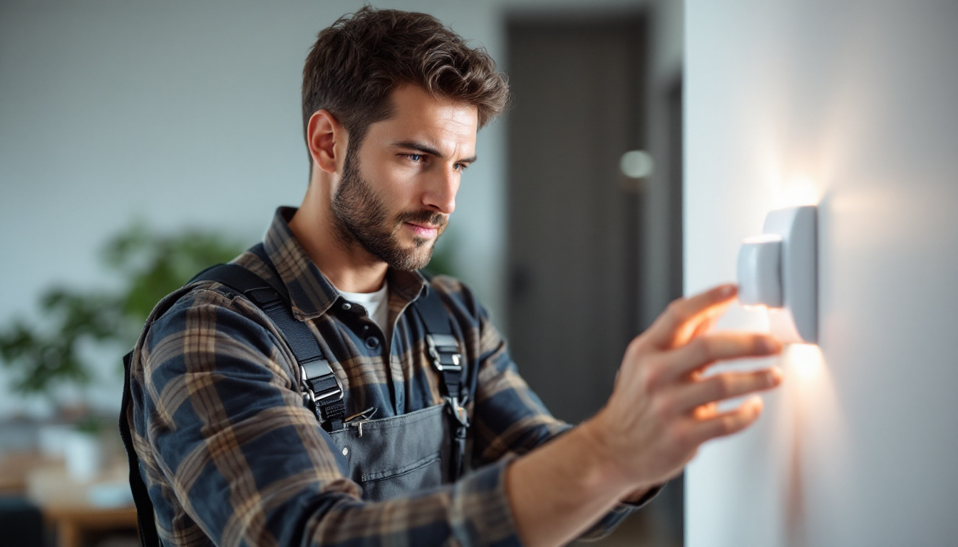 A photograph of a lighting contractor installing a motion sensor light switch in a modern home setting