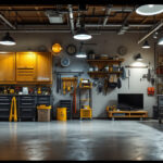 A photograph of a well-lit garage showcasing various types of garage lighting fixtures