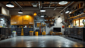 A photograph of a well-lit garage showcasing various types of garage lighting fixtures