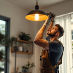 A photograph of a skilled lighting contractor installing a stylish light fixture in a modern home setting