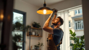 A photograph of a skilled lighting contractor installing a stylish light fixture in a modern home setting