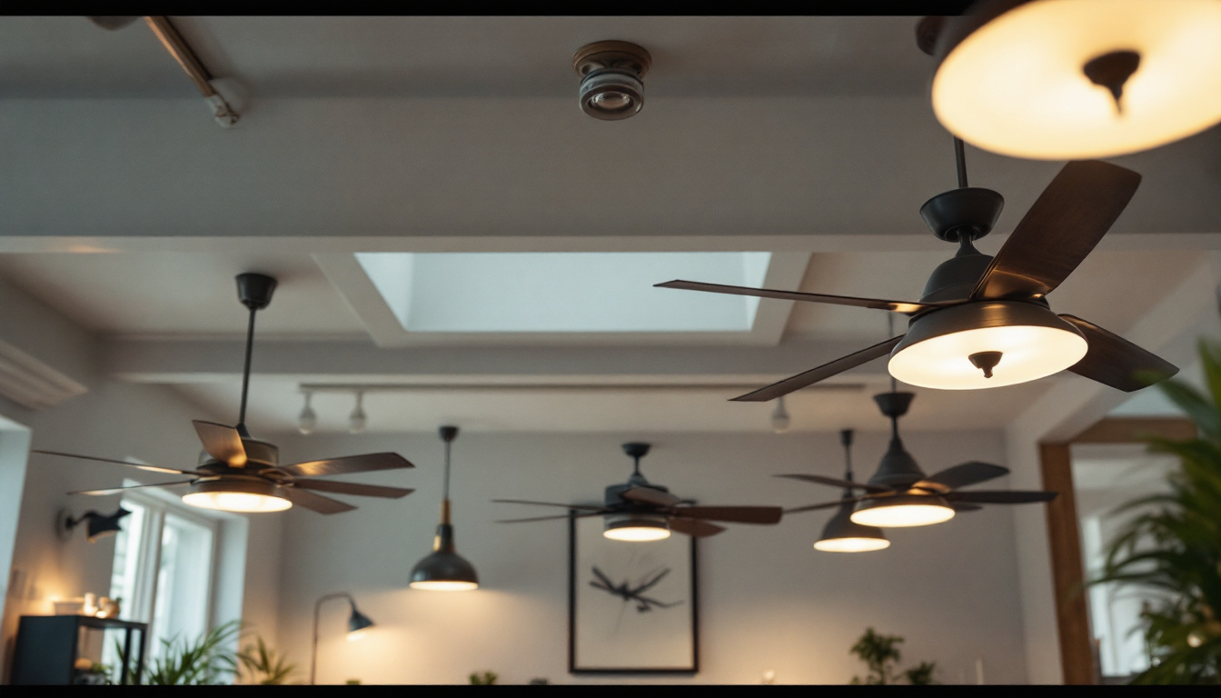A photograph of a well-lit interior space showcasing a variety of stylish ceiling fans in use