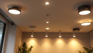 A photograph of a well-lit room featuring various types of recessed lighting fixtures