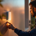 A photograph of a lighting contractor installing a motion detector light switch in a residential setting