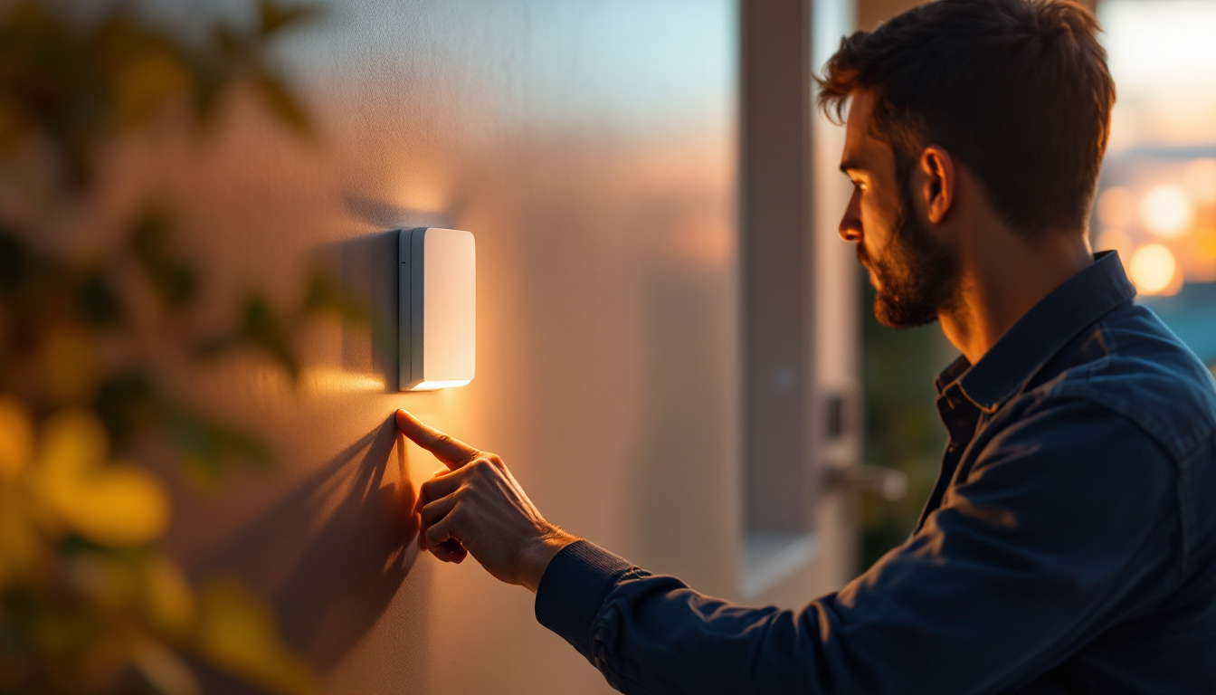 A photograph of a lighting contractor installing a motion detector light switch in a residential setting