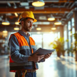 A photograph of a lighting contractor inspecting a well-lit commercial space
