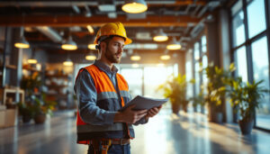 A photograph of a lighting contractor inspecting a well-lit commercial space