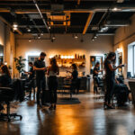 A photograph of a well-lit hair salon interior showcasing various task lighting options