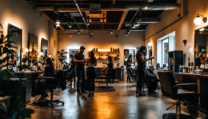A photograph of a well-lit hair salon interior showcasing various task lighting options