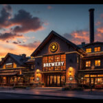 A photograph of a beautifully illuminated brewery at dusk