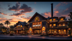 A photograph of a beautifully illuminated brewery at dusk