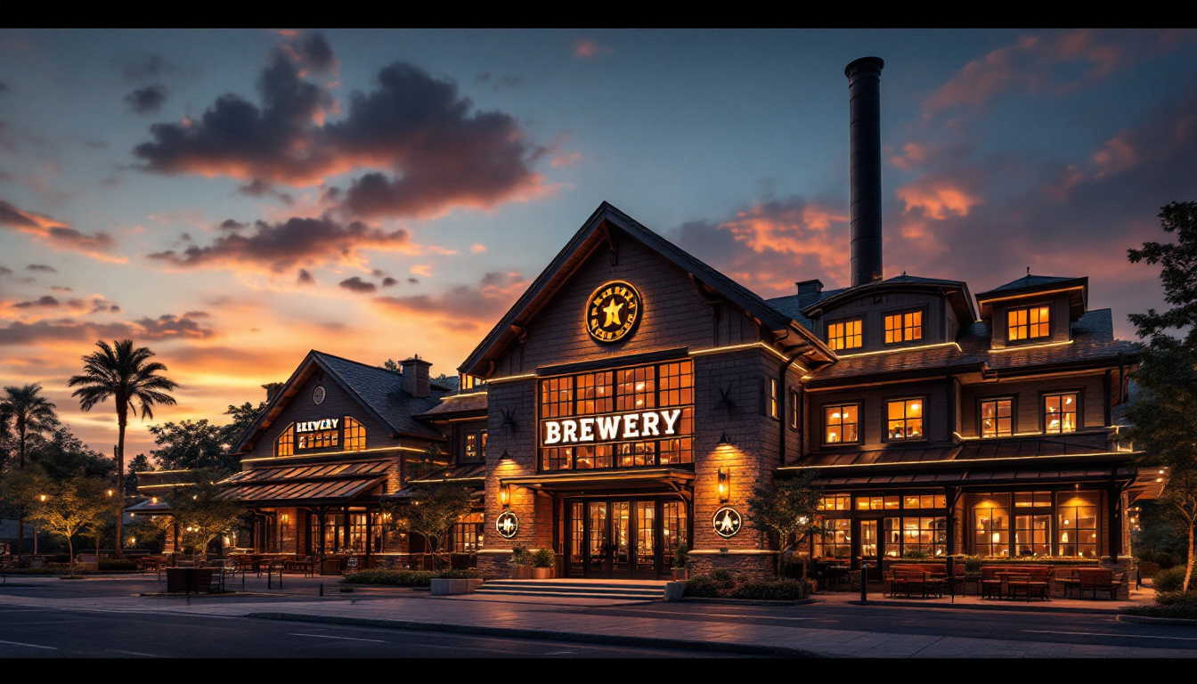 A photograph of a beautifully illuminated brewery at dusk